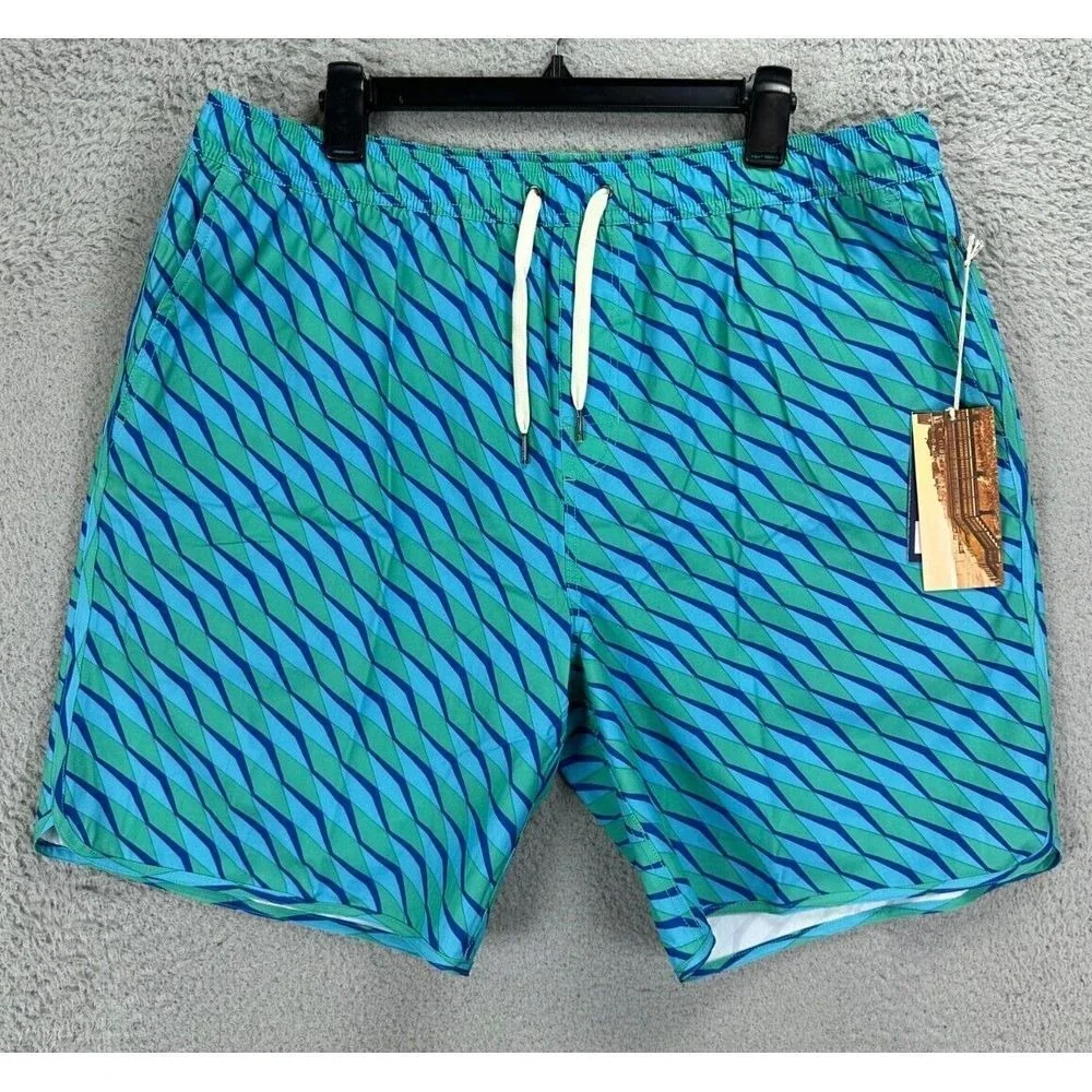 Fair Harbor Swim Trunks Adult 3XL Blue Geometric Board Shorts Drawstring Men NEW